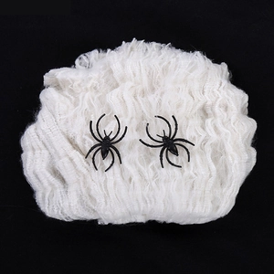 Stretchable Halloween white spider web with two small black plastic spiders for decor