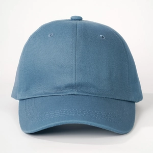 Detailed view of the dark blue twill cotton baseball cap with six-panel crown structure