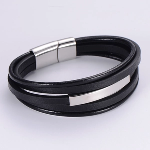 Mens multi-layer black PU leather bracelet with polished silver magnetic clasp closure