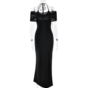 Rear view of black off-shoulder halter dress showing open back design on a mannequin