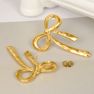 Polished 18k gold plated 304 stainless steel bow stud earrings with secure metal backs