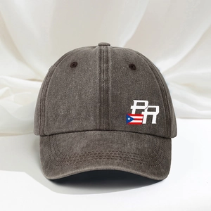 Washed dark grey cotton baseball cap with embroidered PR letters and Puerto Rican flag