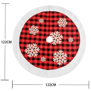 122cm red and black buffalo plaid Christmas tree skirt with white snowflakes and fur trim
