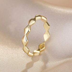 Close-up of 18K gold plated S925 silver ring featuring a geometric faceted design