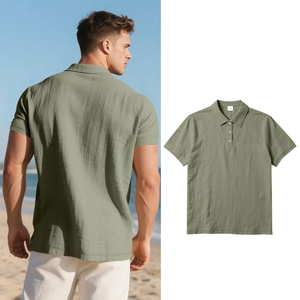 Detailed view of olive green linen polo shirt with textured fabric and three-button collar