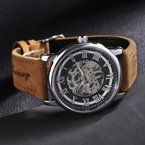 Skeleton mechanical watch for men with silver steel case and brown leather strap
