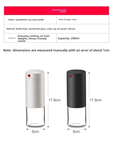 Detailed specs of 280ml borosilicate glass oil dispensers with leak-proof silicone nozzles