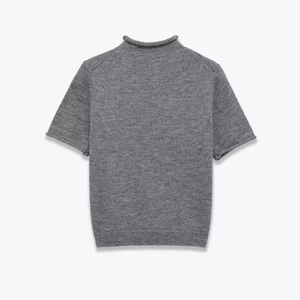 Detailed view of grey short sleeve knit sweater with mock neck and soft wool texture