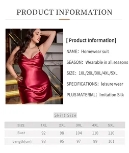 Detailed size chart for plus size satin sleepwear ranging from 1XL to 5XL with measurements