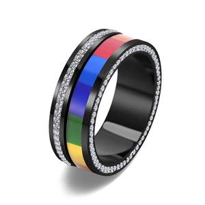 Polished black stainless steel ring featuring rainbow stripes and double rows of crystals