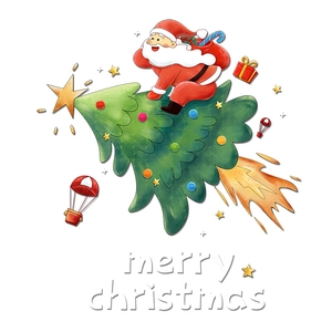 Christmas tree wall sticker with Santa on a rocket for festive window decoration
