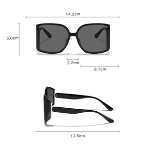 Detailed dimensions of stylish black oversized square sunglasses with dark grey lenses