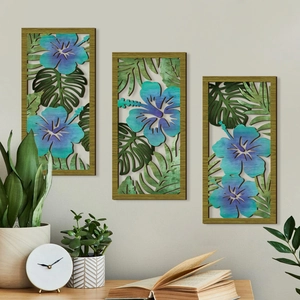 Modern minimalist 3-piece set of laser-cut wooden wall art with tropical plant designs