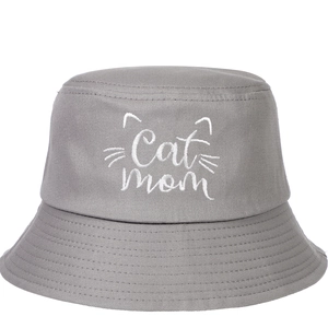 Detail of white Cat Mom embroidery and stitching on light gray cotton bucket hat