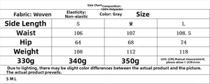 Tableau des tailles pour ensemble gilet et pantalon gris à fines rayures, tailles S à L en cm