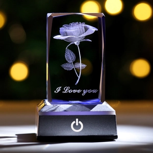 3D laser engraved crystal rose night light with LED base and I Love You text