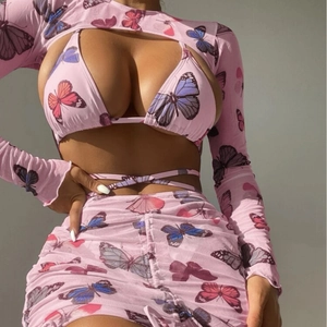 Pink butterfly print 4-piece bikini set with sheer mesh cover-up and drawstring skirt