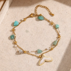 Double-layered 18K gold plated anklet with green stone, pearl and fishtail shell pendant