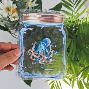 Rainbow prism window sticker detail with iridescent jar octopus design on clear film