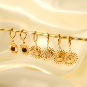Sunburst Huggie Hoop Earrings Stainless Steel 18K Gold Plated Natural Stone Retro Compass Dangle For Women