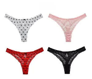 Detail showing ruffle mesh thongs in white, pink, red, and black with bow prints