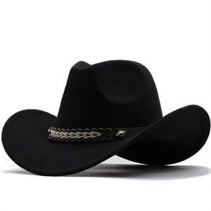 Western Cowboy Hat Felt Wide Brim Fedora With Woven Belt Rivets Retro Style Adjustable Solid Color For Men Women