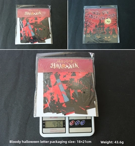 Close-up of bloody Happy Halloween banner letters with packaging size and weight details