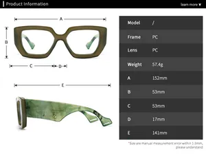 Detailed size chart with PC frame dimensions and weight for blue light blocking glasses