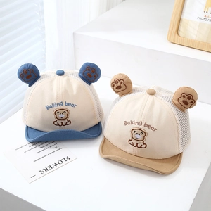 Breathable baby sun hat with cute bear ears and mesh panel for infants aged 0-3 years
