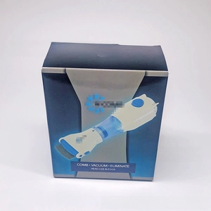 Retail box of electric head lice vacuum comb showing device and cleaning functions