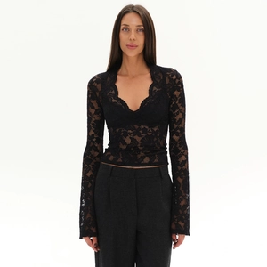 Detailed close-up of a women's black sheer lace long-sleeve top with floral patterns