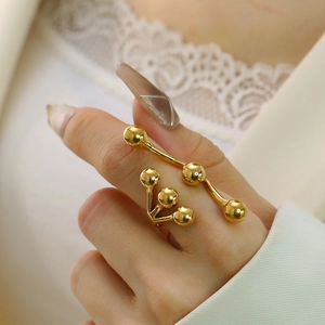 Geometric Multi Ball Cluster Statement Ring 18K Gold Plated Titanium Steel Open Adjustable Artistic Branch Style Jewelry
