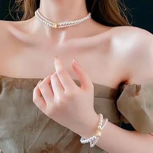 French style 18k gold plated pearl necklace set with a square gem charm for women