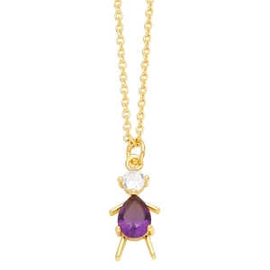 Gold necklace with boy girl pendant featuring a purple pear-shaped gemstone for women