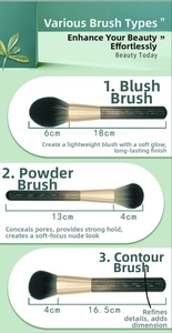 Detailed size specifications for green powder, blush, and contour makeup brushes