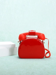 Creative red retro telephone shaped handbag in glossy patent leather for women