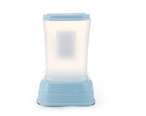 Blue gravity-fed pet water dispenser with translucent tank for cats and dogs