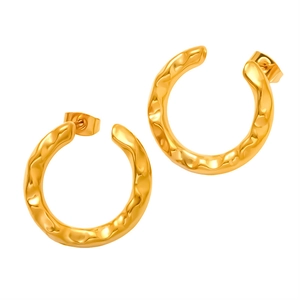Golden C-shaped stainless steel earrings with unique irregular lava texture effect