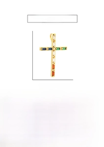 Macro shot of 18K gold-plated cross pendant with colorful zircons and size specs