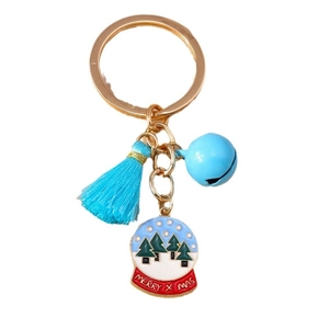 Christmas keychain with blue tassel and bell featuring a Merry Xmas snowball charm
