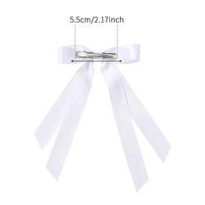 White double-layered ribbon bow hair clip with silver metal alligator clip and size dimensions