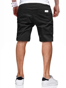 Back view of men's black woven casual sports shorts showing rear pocket and fit