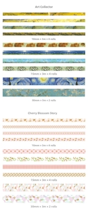 Detailed size chart of Washi tape set featuring various widths and artistic patterns