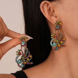 Exquisite peacock drop earrings with colorful rhinestones in vintage bronze finish
