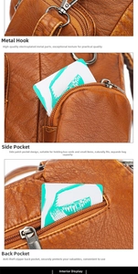 Detail view of washed leather bag with premium hardware hooks and anti-theft zip pocket