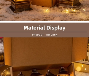 Detail of four vintage LED lanterns in a kraft gift box with warm festive lighting