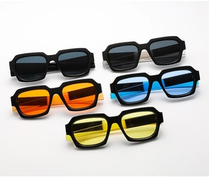 Detailed view of square sunglasses in five candy colors with thick black plastic frames