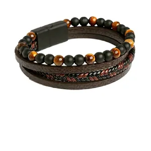 Handmade multilayer leather bracelet with tiger eye beads and matte black stones for men
