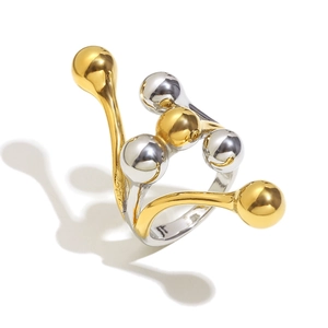 Polished 18K gold and silver two-tone stainless steel ring with unique spherical design