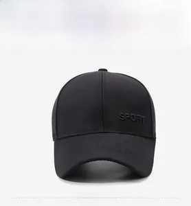 Front view of black cotton baseball cap with 3D SPORT embroidery and curved brim